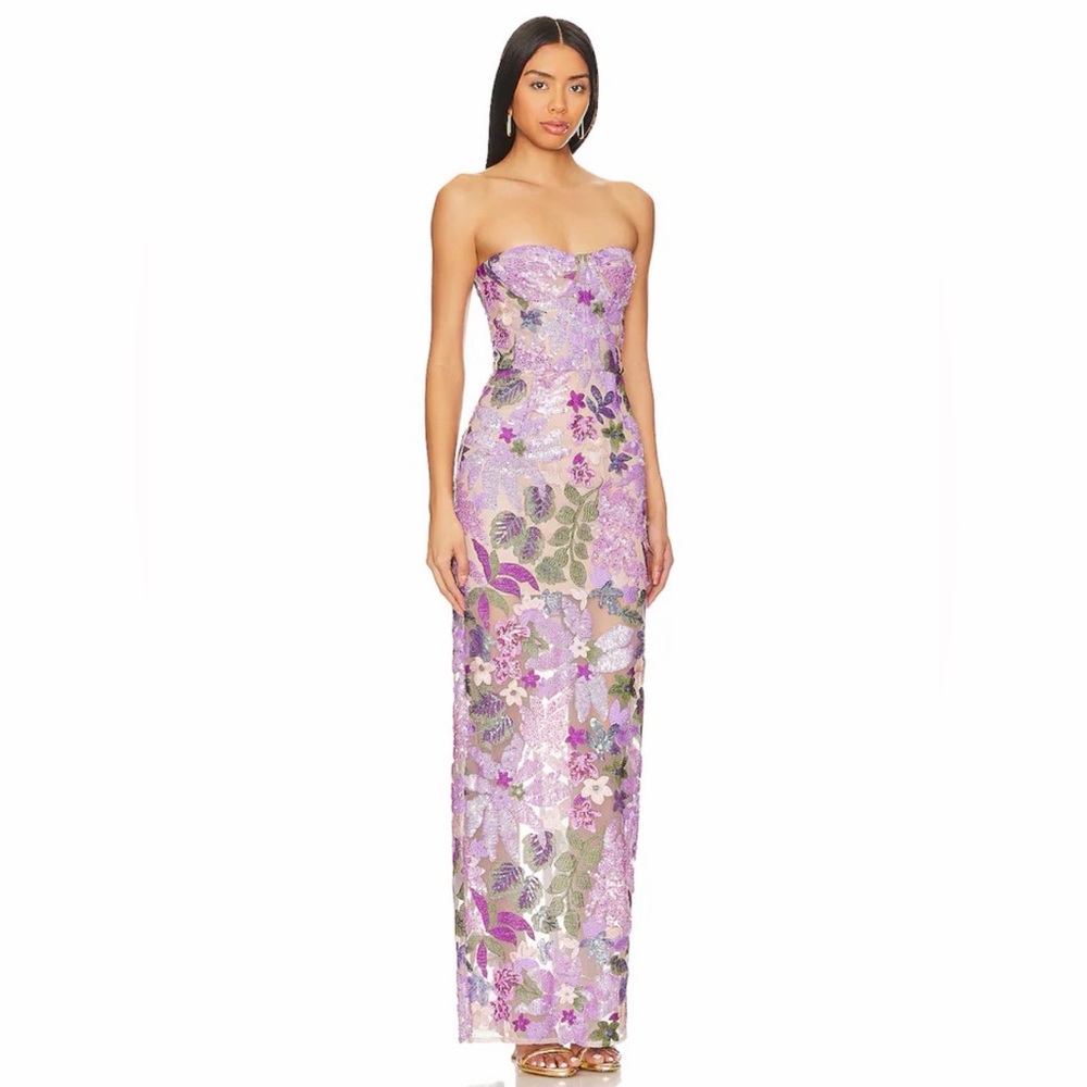 Bronx and Banco Lavender Floral Strapless Sequin Gown - Picture 2 of 9